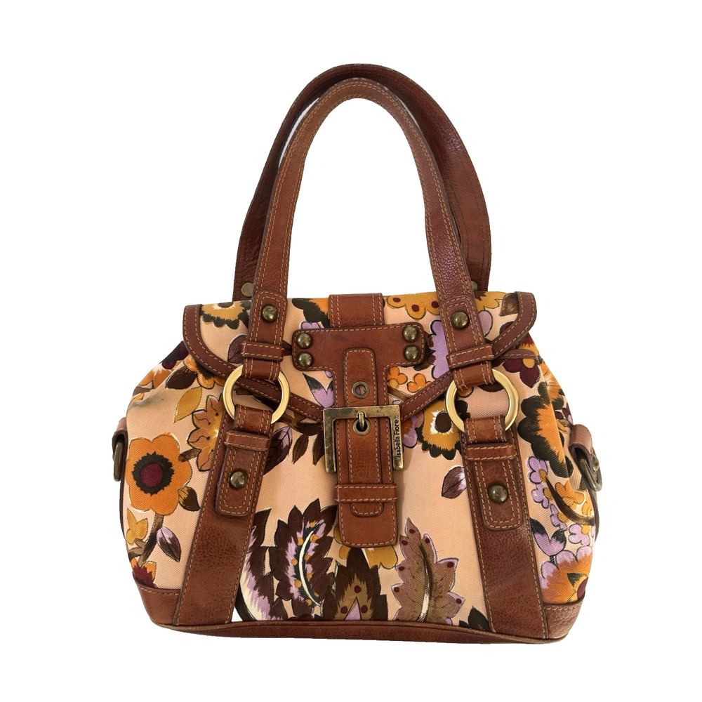 Isabella Fiore Shoulder Bag Leather Gold Brown Lavender Floral Canvas Handbag